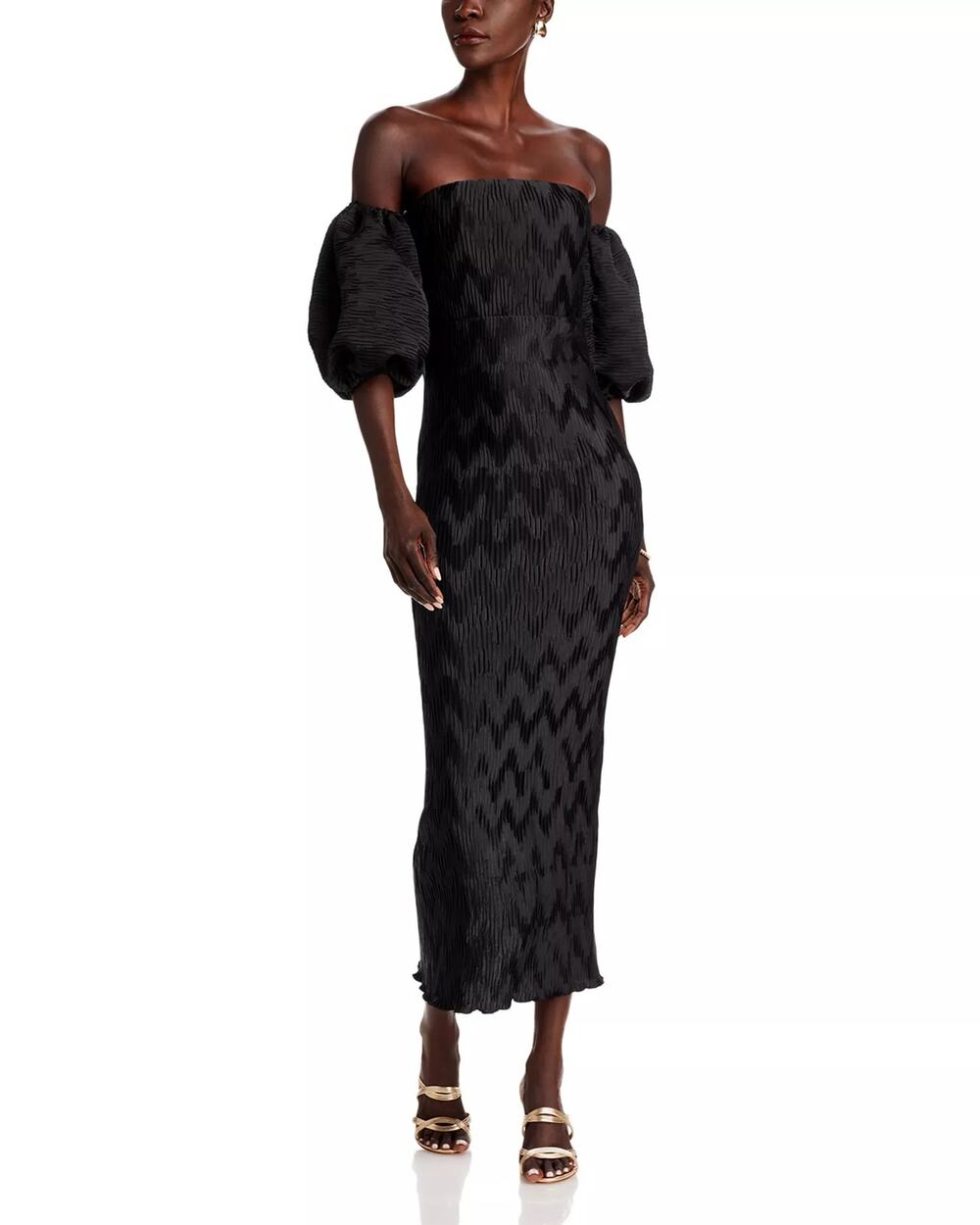L'IDÉE Du Cap Off Shoulder Puff Sleeve Pleated Maxi Dress Black Women's Sz 8 NWT
